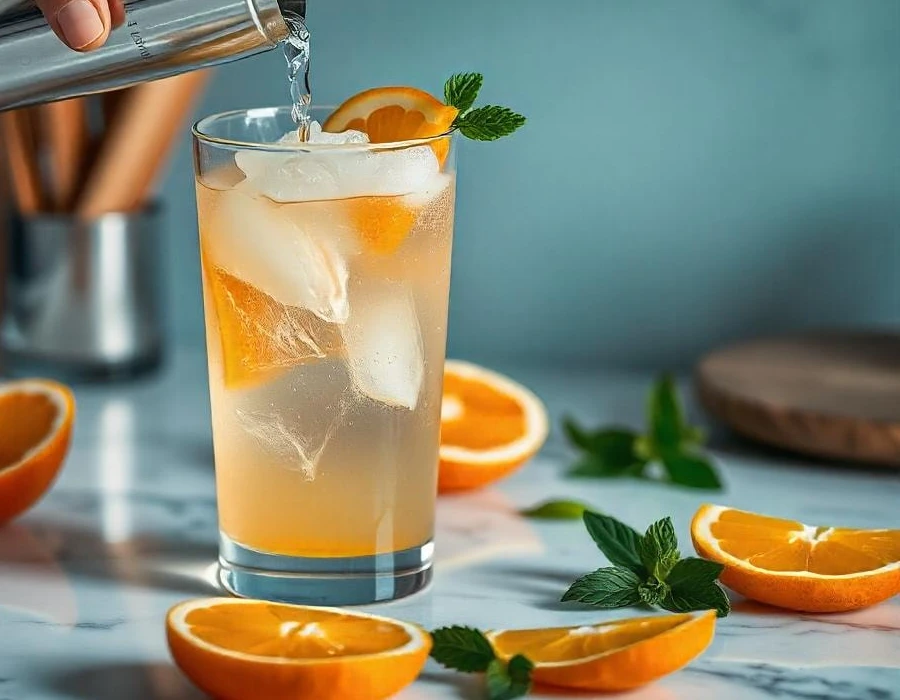An image of a cocktail shaker pouring orange soda into a glass with whipped vodka