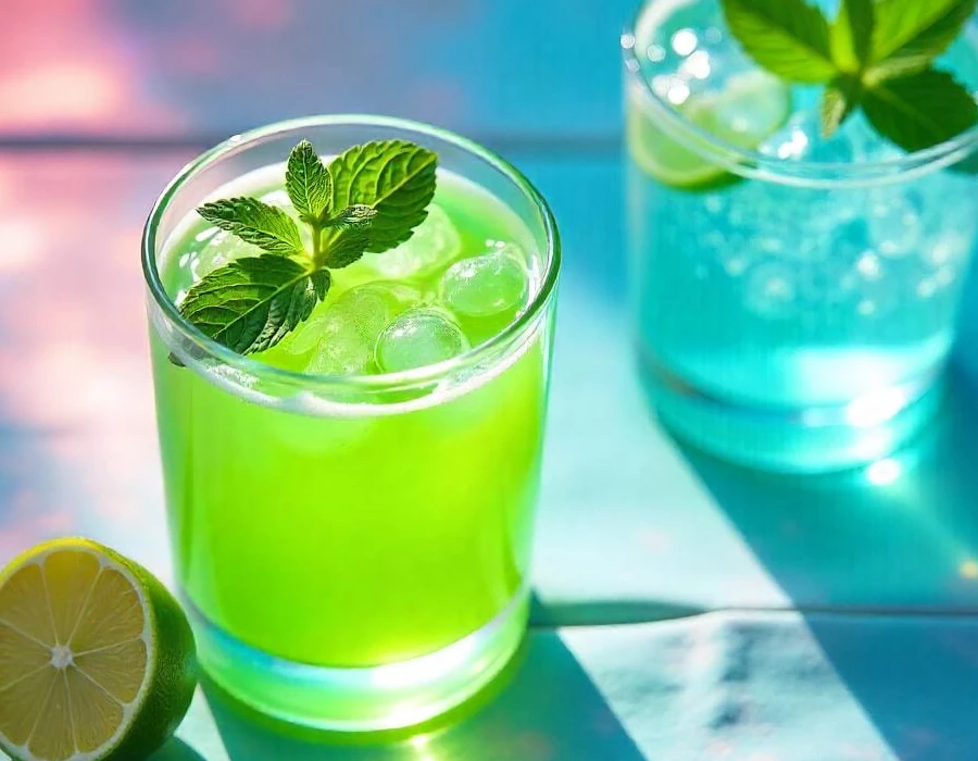 An overhead view of a vibrant green lime juice in a crystal clear glass