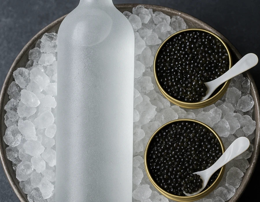 bottle of vodka and tins of caviar on ice