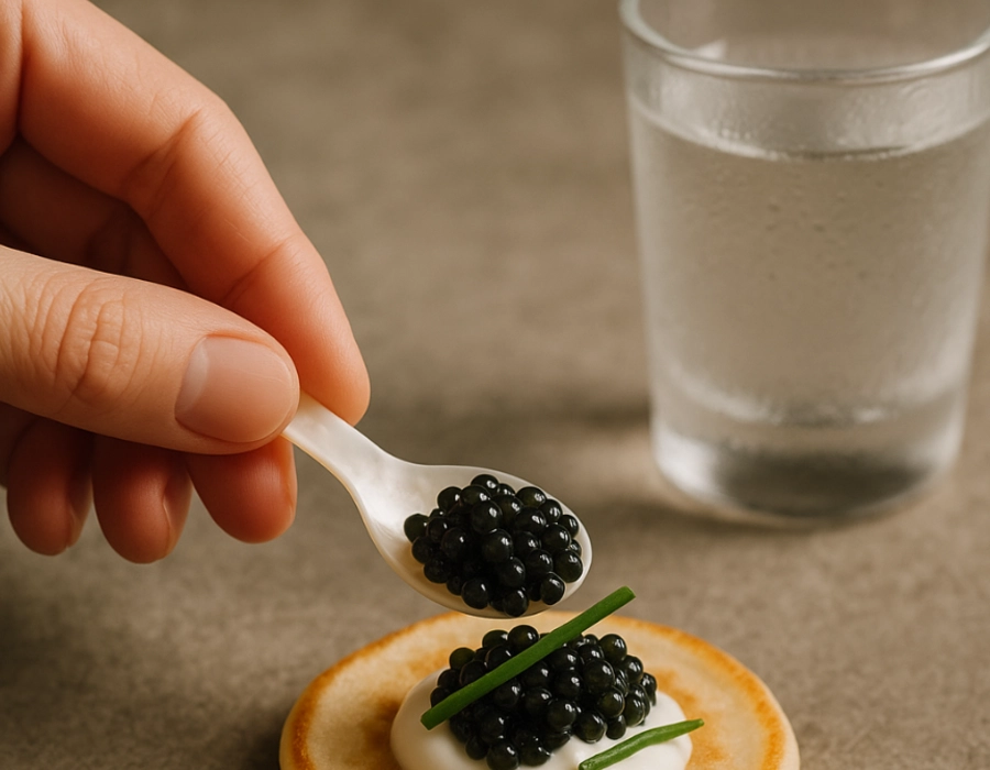 caviar being spooned onto blini